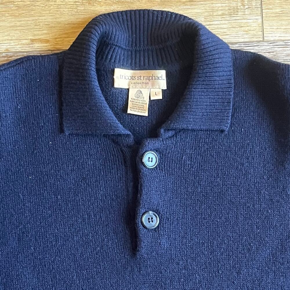 Tricots St Raphael Sweater L Navy 100% Merino Wool Elbow Patch Pullover Preppy - Picture 2 of 7